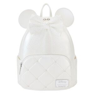 NWT Loungefly White Iridescent Quilted Minnie Mouse Backpack - Wedding, Bride